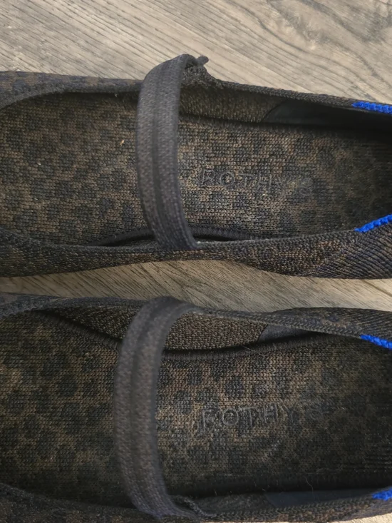 Rothy's Leopard Knit Mary Jane Flats in Brown & Black with Blue Trim - Picture 4 of 5